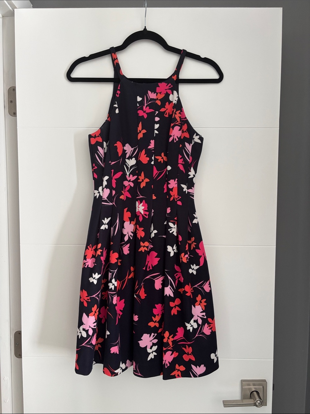Vince Camuto Navy Floral Halter Midi Dress with Pink & Coral Accents with pocket